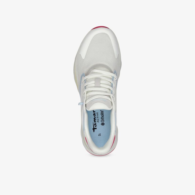 Moderner, leichter Sportschuh mit atmungsaktivem Material und flexiblem, bequemem Design in heller Farbe, Draufsicht