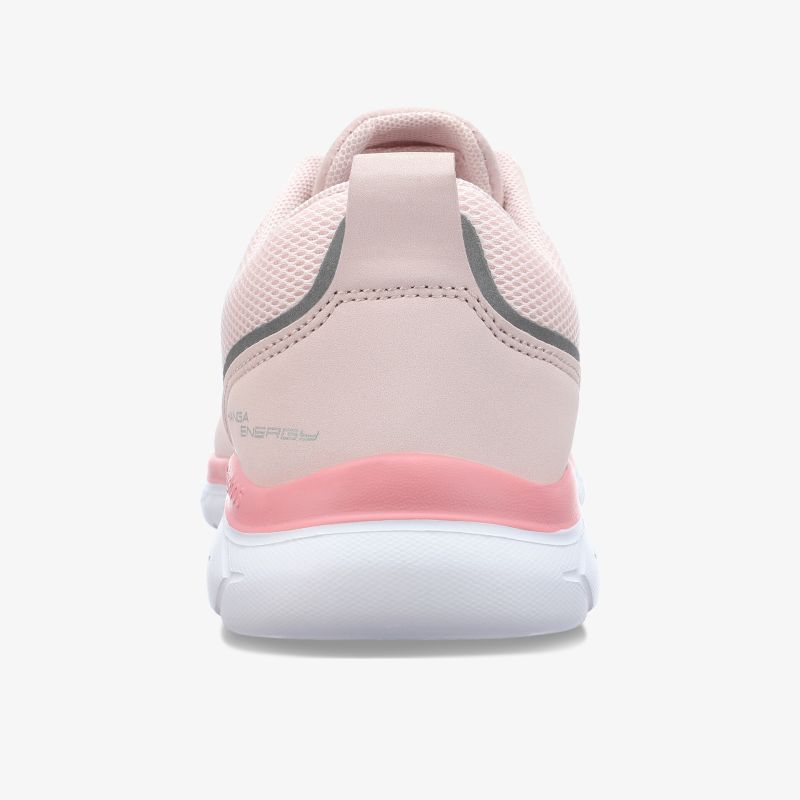 Rückansicht eines stylischen, rosafarbenen Sneakers mit weißer Sohle und grauem Akzent, ideal für Alltag und Sport.