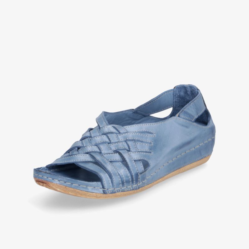 Blaue Sandale mit geflochtenem Design und bequemer Sohle, ideal für einen stilvollen Sommertag.