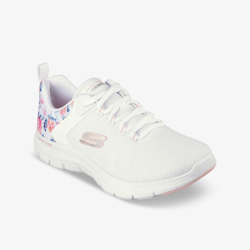 Bequemer weißer Sneaker mit floralem Design, ideal für Sport und Freizeit, bietet stilvollen Komfort.