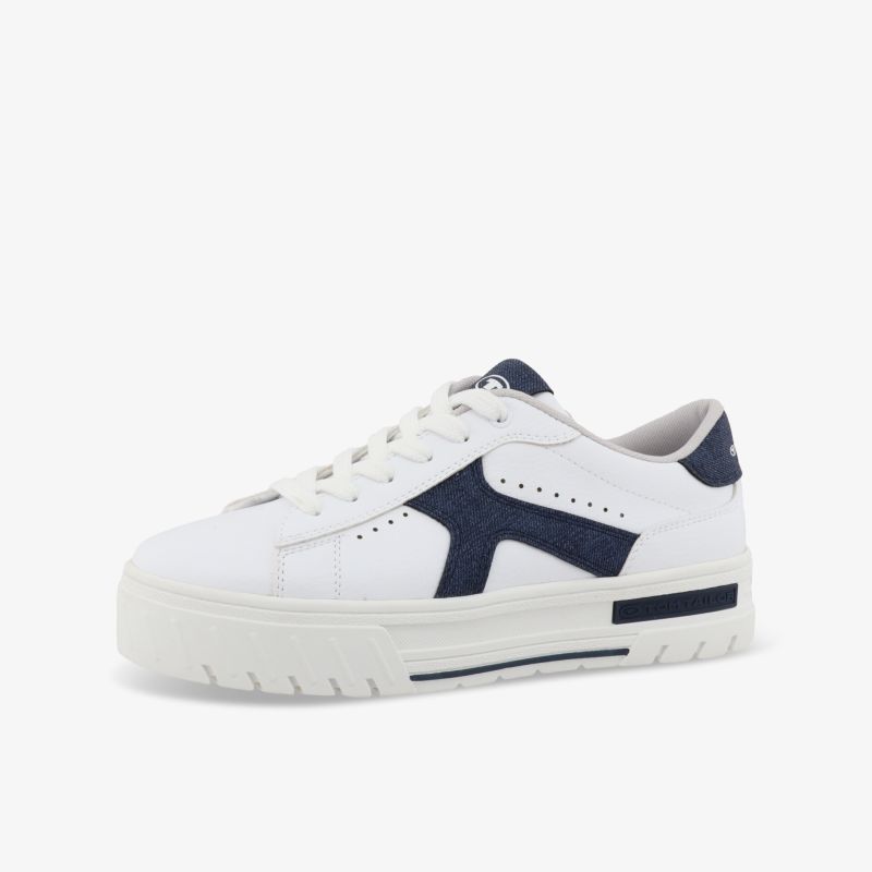 Weißer Sneaker mit blauen Akzenten, sportlich und komfortabel für vielseitigen Einsatz
