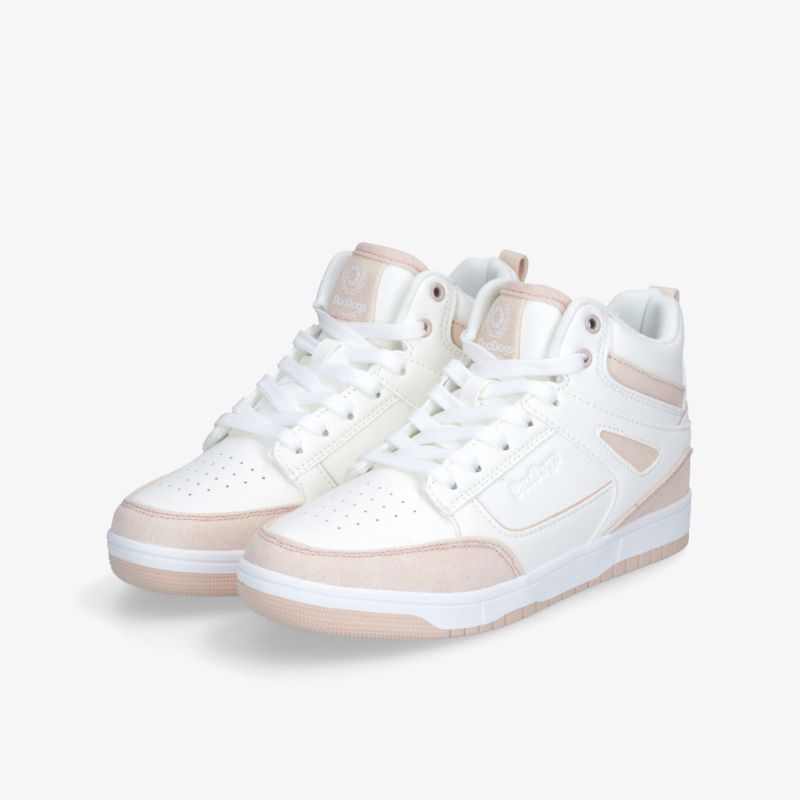 Weiß-beige hohe Sneaker im Paar mit Schnürung, gepolstertem Knöchel und sportlich-elegantem Design