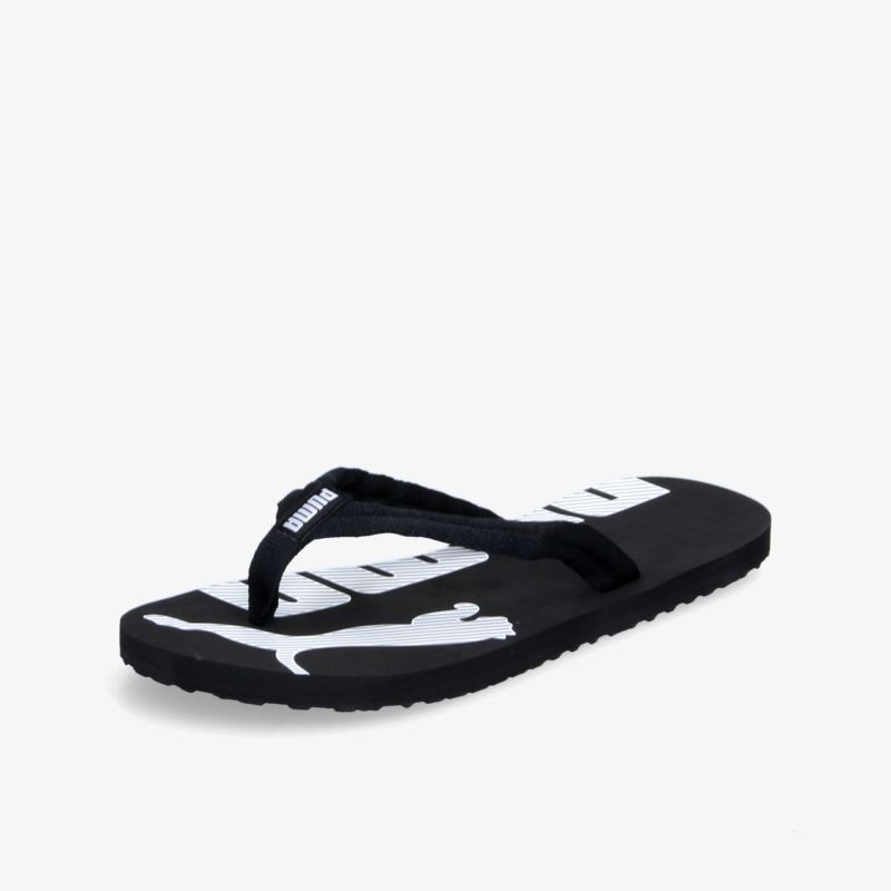 Bequeme schwarze Flip-Flops mit weißem Markenzeichen, ideal für Freizeitaktivitäten und Sommerausflüge.