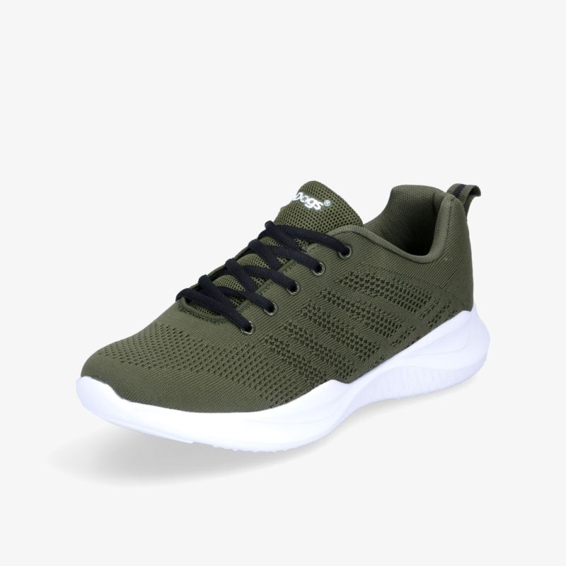 Moderner olivgrüner Sneaker mit atmungsaktivem Mesh-Obermaterial und leichter, weißer Sohle.