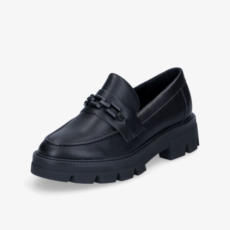 Schwarzer Loafer mit Blockabsatz und moderner Schnalle für eleganten Stil und hohen Tragekomfort.