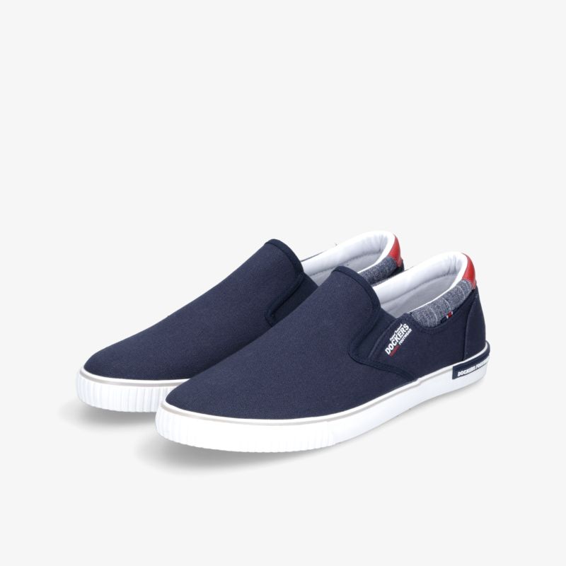 Bequeme dunkelblaue Slipper mit elastischem Einstieg und rutschfester Sohle im lässigen Design.