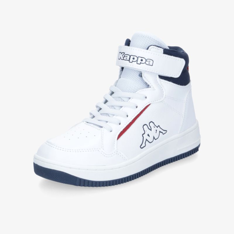 Modischer weißer Turnschuh mit hohem Schaft und Markenlogo, ideal für sportlichen Lifestyle und Komfort.