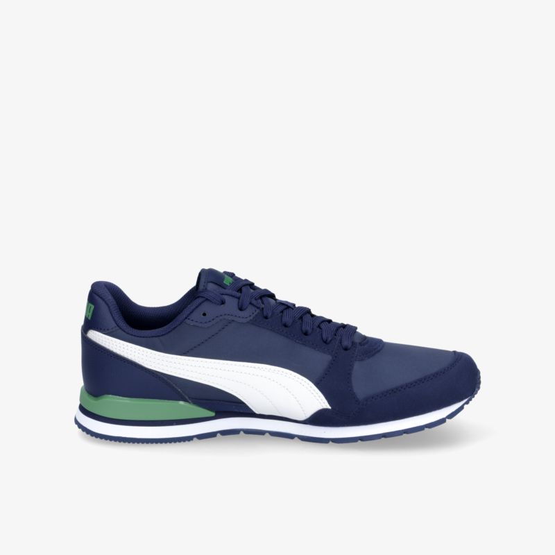 Sportlicher navy-blauer Schuh mit weißem Akzent und grünem Detail, leichter, bequemer Laufschuh mit rutschfester Sohle