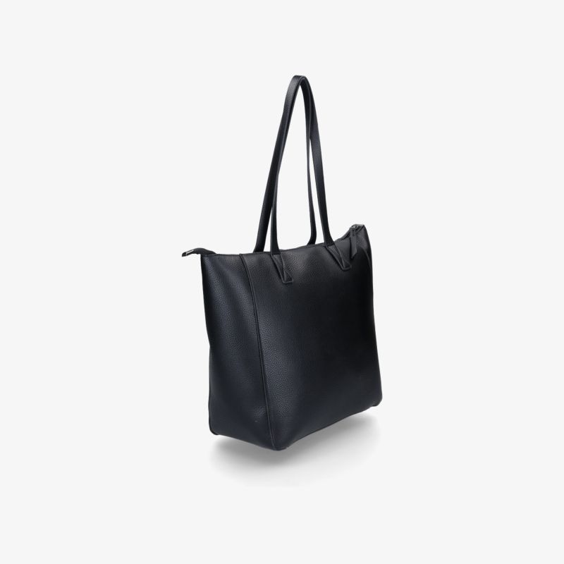 Schwarze Tasche mit großem Stauraum und langen Tragegriffen, modernes robustes Design, seitliche Ansicht
