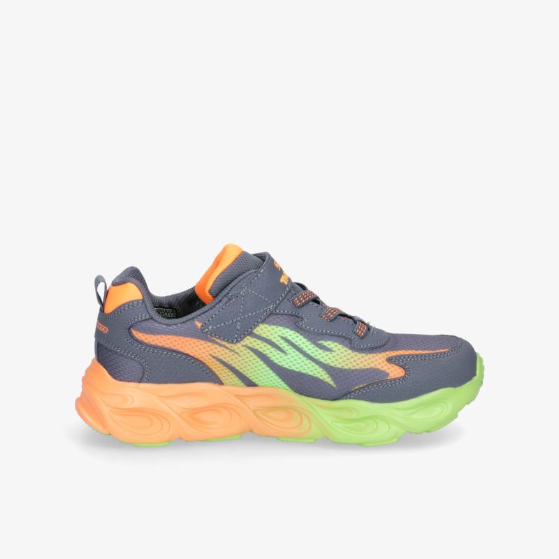 Bunter Sneaker mit grauem Obermaterial und leuchtender Sohle in Orange und Grün für maximalen Komfort und Stil.