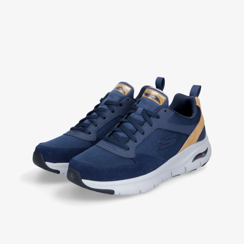 Moderne blaue Sneakers mit gelben Akzenten und weißer Sohle, sportliches Design für ganztägigen Komfort.