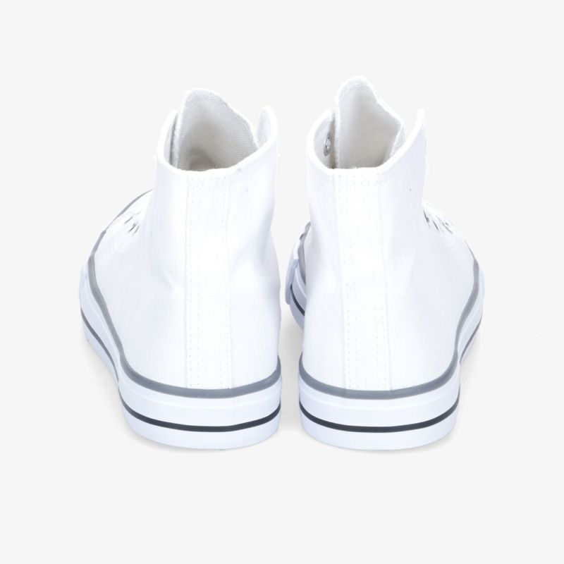 Weiße High-Top-Sneaker von hinten mit klaren Linien und sportlichem Design.