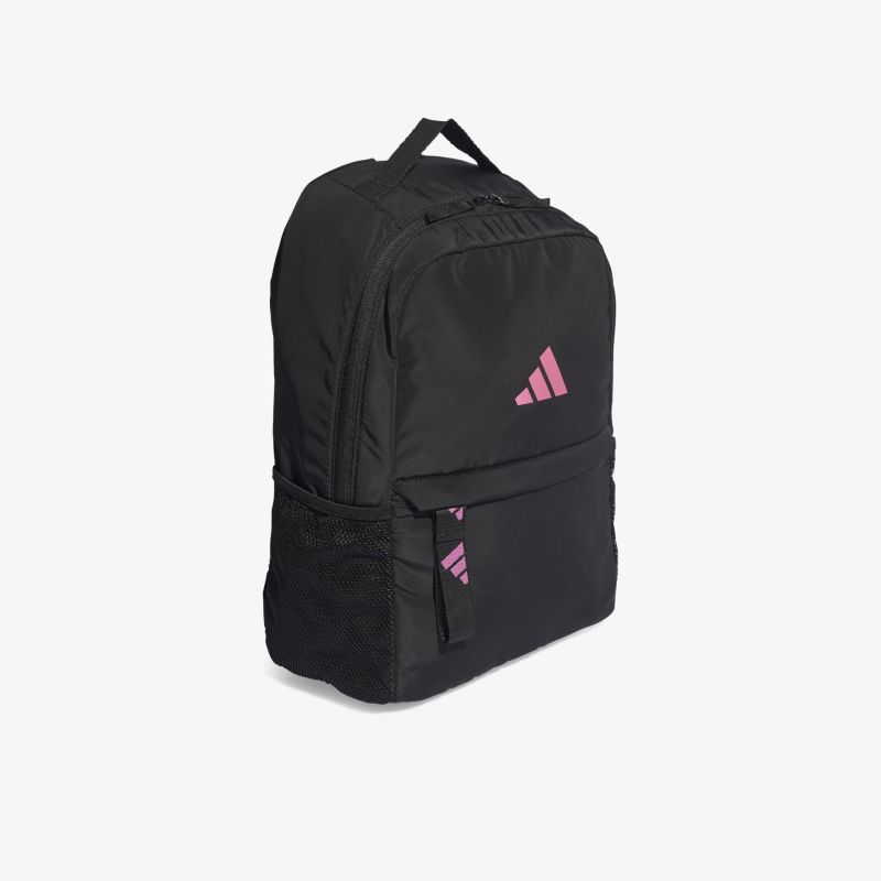 Schwarzer Rucksack mit rosa Logo, geräumig und stilvoll für den täglichen Gebrauch