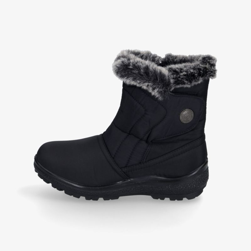 Schwarzer Winterstiefel mit Kunstpelzbesatz, warm und wasserdicht, ideal für kalte Bedingungen.