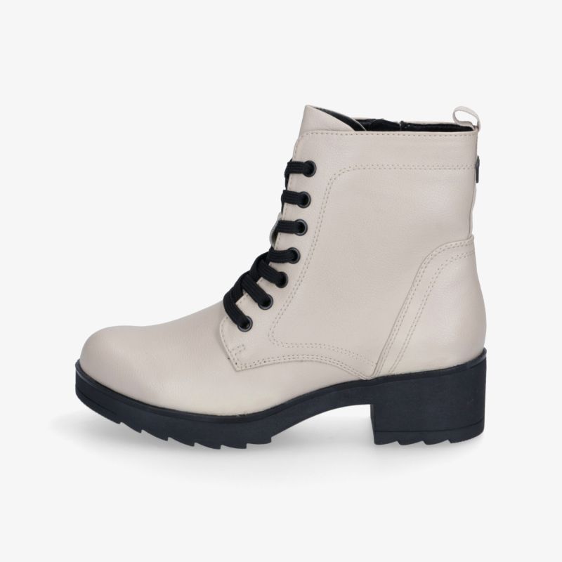 Elegante cremefarbene Stiefelette mit schwarzer Sohle und Schnürdetails, ideal für einen modischen Auftritt.