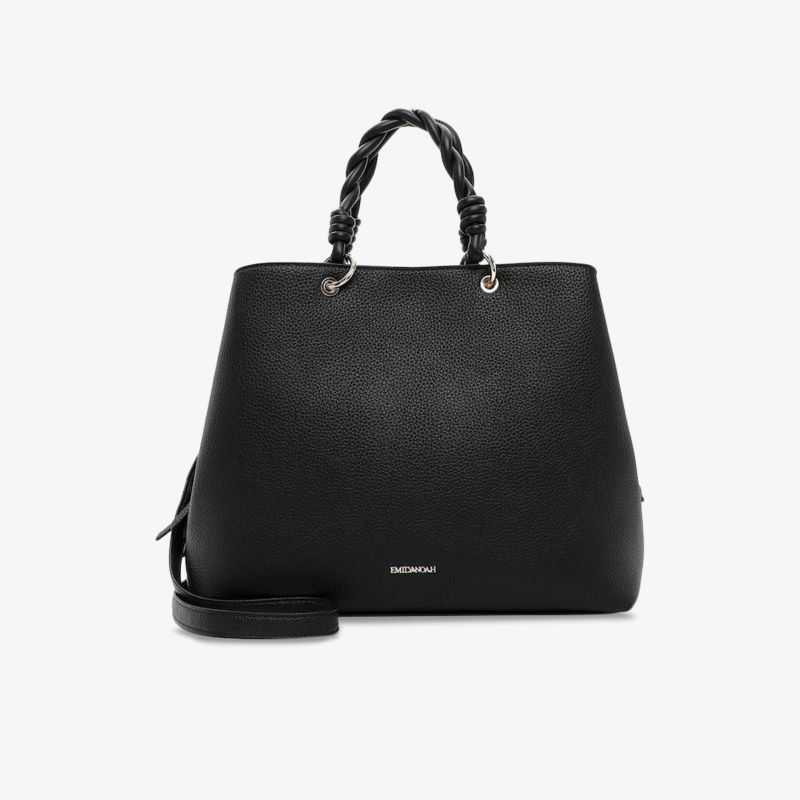 Elegante schwarze Handtasche mit geflochtenem Griff und abnehmbarem Schulterriemen, ideal für jeden Anlass