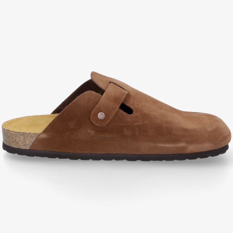 Bequemer brauner Hausschuh mit weichem Obermaterial und rutschfester Sohle, seitliche Ansicht, optimaler Halt und Komfort