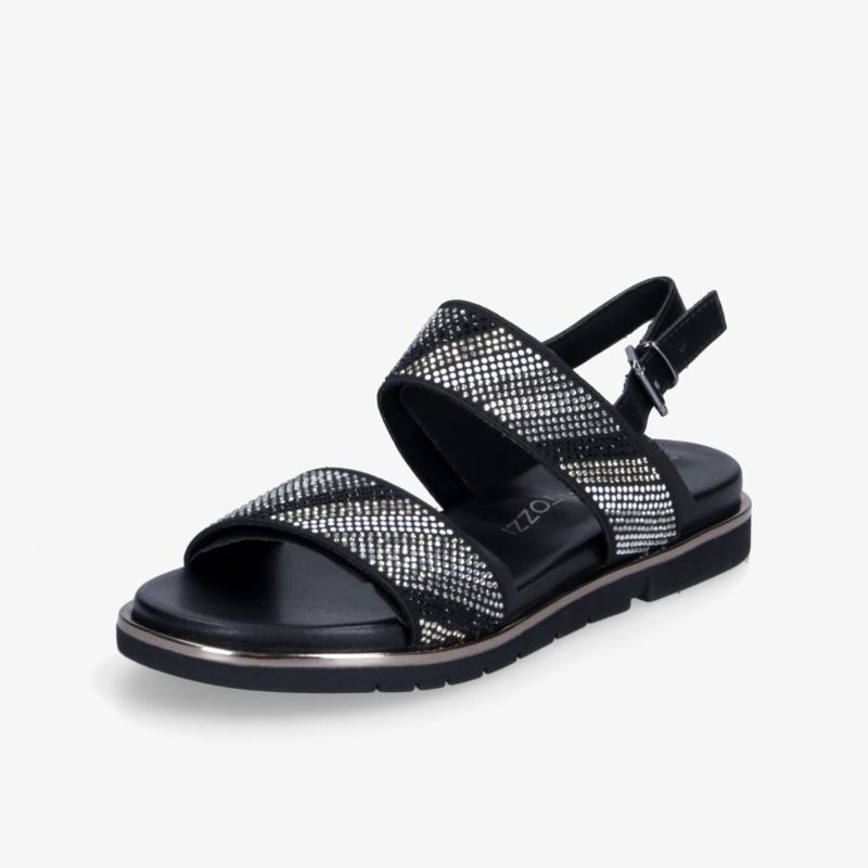 Schwarze Sandale mit gemusterten Riemen, verstellbarem Verschluss und leichter, bequemer Sohle