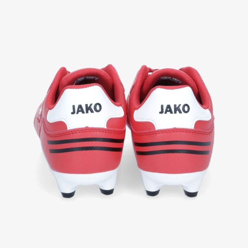 Hinteransicht der roten Jako Fußballschuhe mit Stollen und markantem Design für optimale Sportperformance.