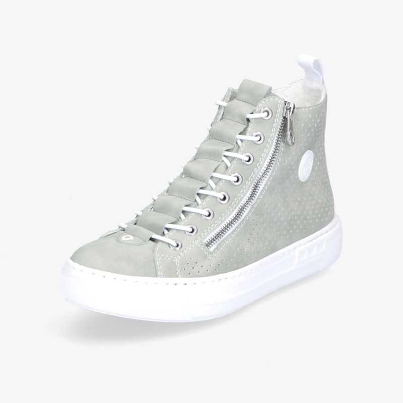 Moderner Sneaker in Grau mit Reißverschluss und weißer Sohle. Ideal für einen stilvollen, urbanen Look.