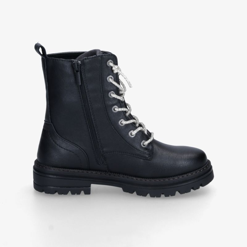 Robuster schwarzer Schnürstiefel mit praktischem Reißverschluss, profilierter Sohle und hohem Schaft