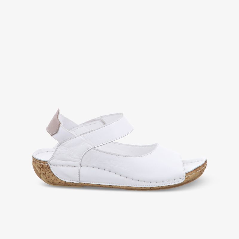Bequeme weiße Sandale mit verstellbarem Klettverschluss und ergonomischer Sohle für optimalen Tragekomfort