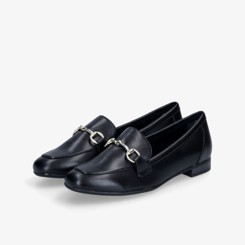 Elegante schwarze Leder-Loafer mit stilvollem Metallverzierung und zeitlosem Design.