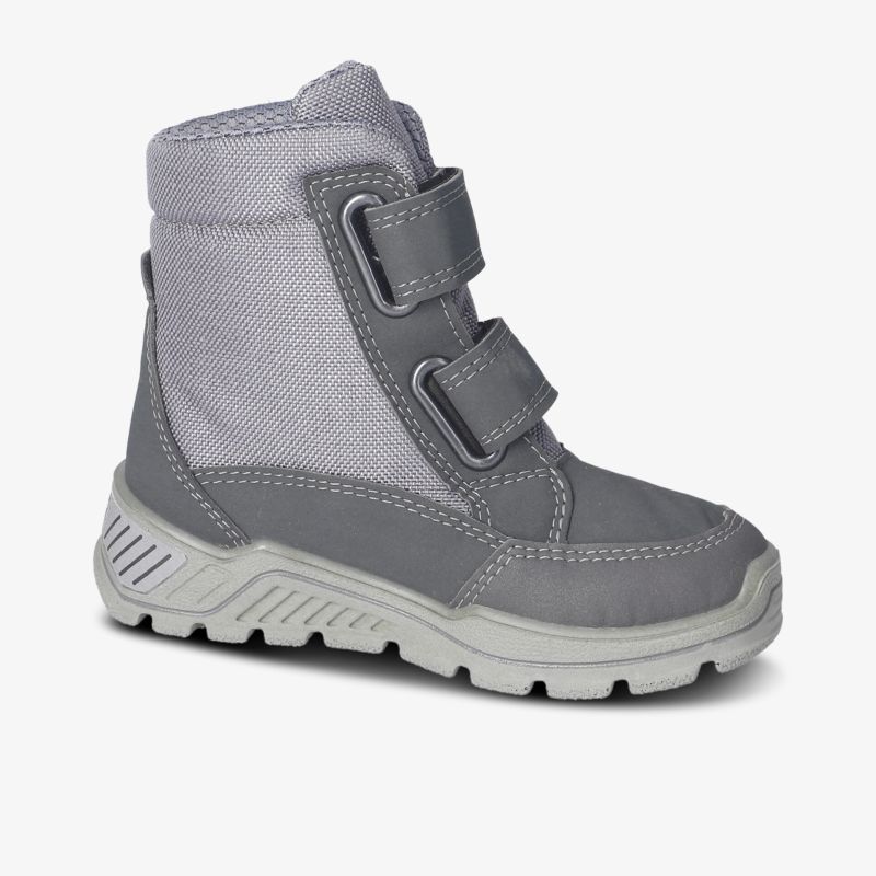 Grauer Kinder-Winterstiefel mit Klettverschluss, wasserabweisend und rutschfester Sohle für optimalen Halt.