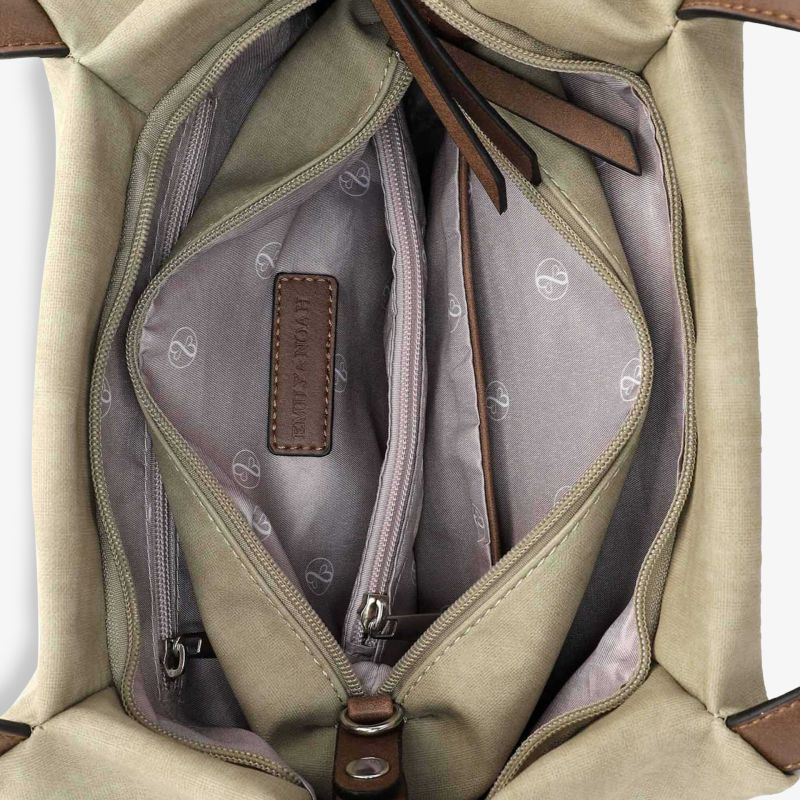 Innenansicht einer stilvollen Tasche mit mehreren Fächern und Reißverschlüssen.