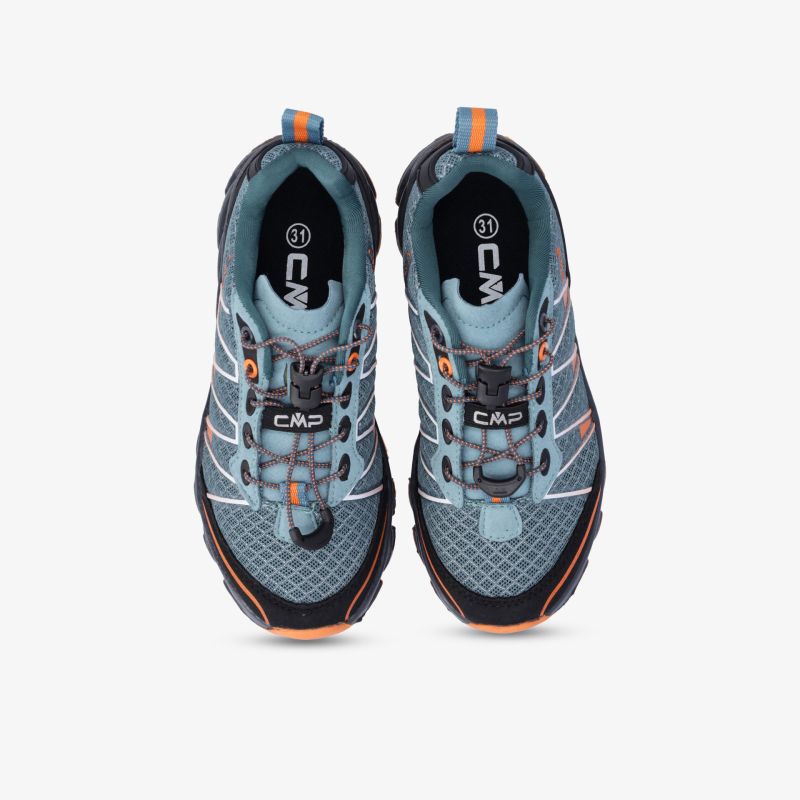 Blau-orange Sportschuhe von oben, leicht und atmungsaktiv, ideal für Outdoor-Aktivitäten.