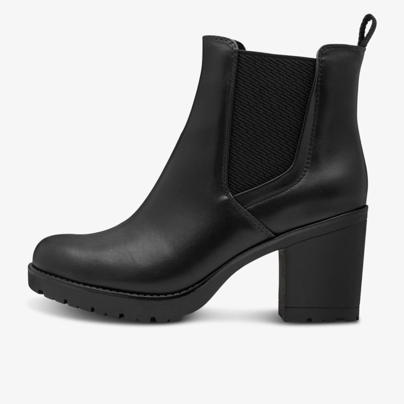 Moderner schwarzer Chelsea Boot mit bequemem Blockabsatz, seitlichen Elastikeinsätzen und profilierter Laufsohle