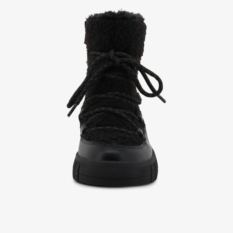 Frontansicht schwarzer warmer Stiefel mit weichem Innenfutter und robuster Sohle, modisch und funktional