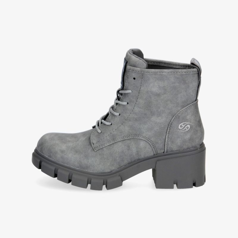 Graue Stiefelette aus robustem Material mit rutschfester Sohle und komfortablem Blockabsatz.