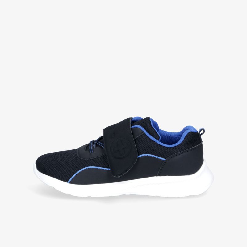 Moderner Sneaker mit Klettverschluss und rutschfester Sohle in Blau und Schwarz. Optimaler Komfort und Halt.