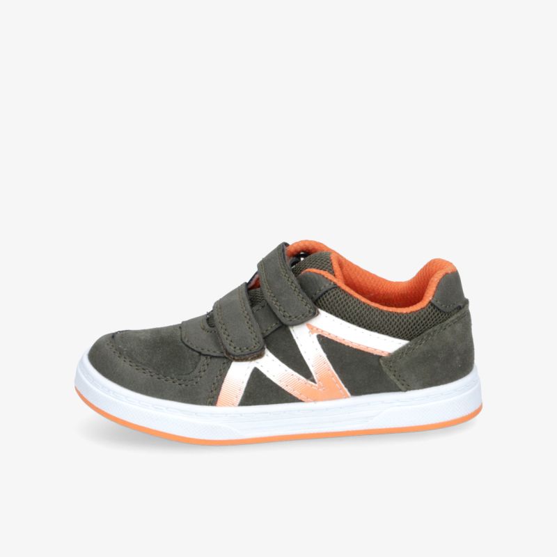 Stylischer grauer Schuh mit orangem Innenfutter und Klettverschluss für bequemen Sitz und rutschfeste Sohlen