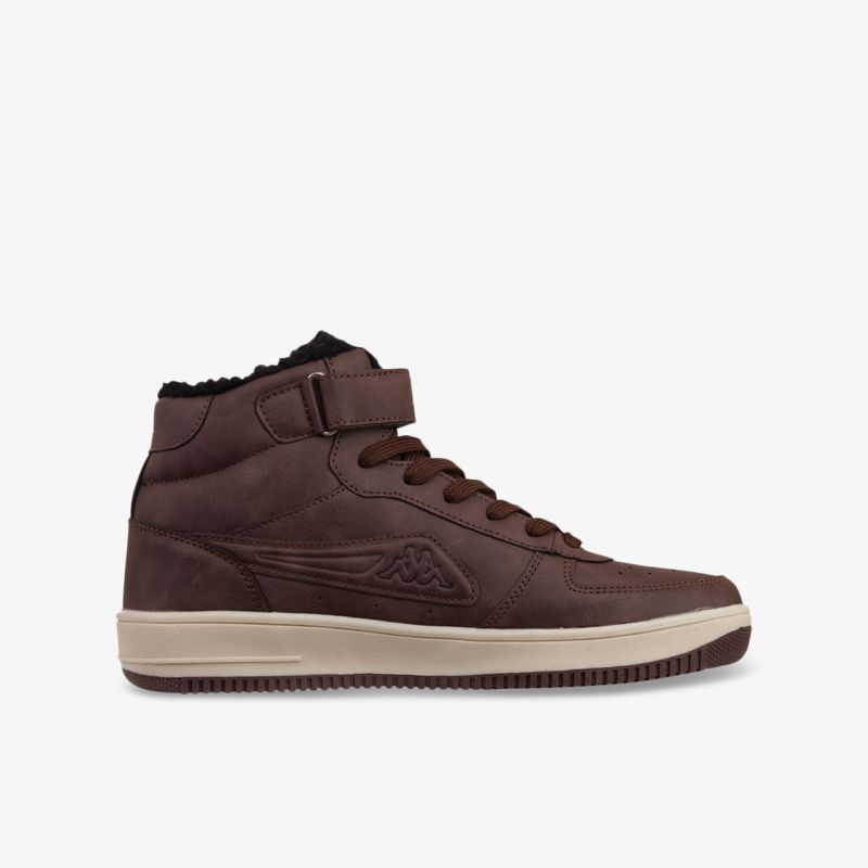 Moderner brauner hoher Sneaker mit Schnürsenkeln und Klettverschluss für stilvollen Komfort.