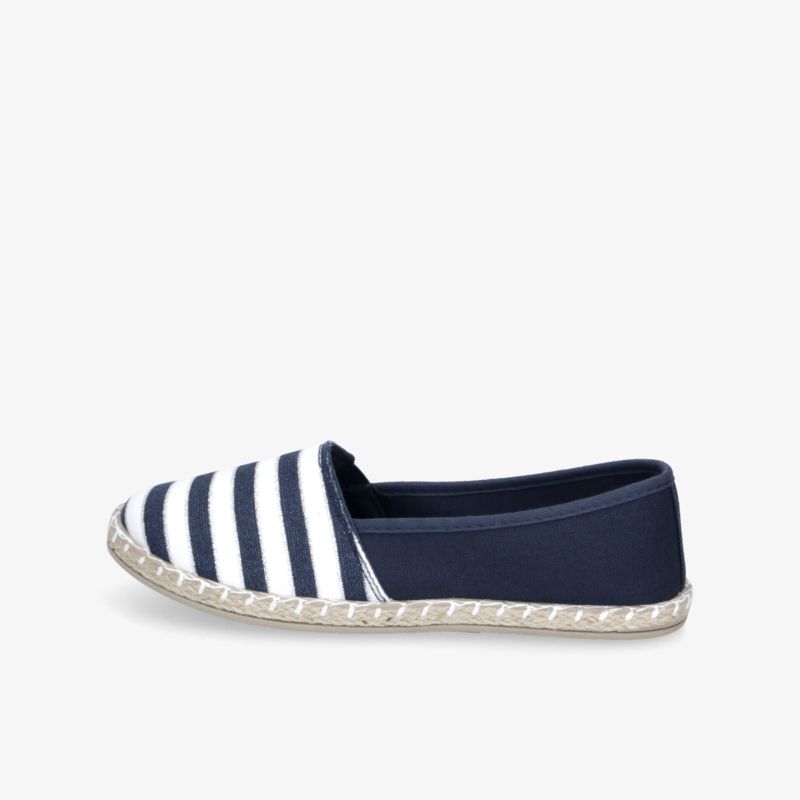 Leichter Espadrille-Schuh mit navyblauen und weißen Streifen, bequem und flexibel für sommerliche Freizeitaktivitäten