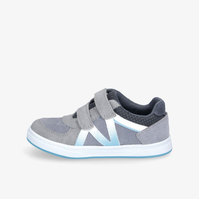 Grauer Sneaker mit Klettverschluss, sportlicher und bequemer Schuh für täglichen Komfort.