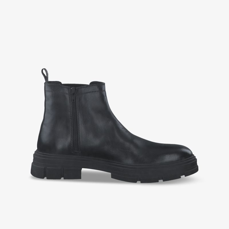 Eleganter schwarzer Lederstiefel mit Reißverschluss und rutschfester Sohle für besonderen Komfort und Stil.