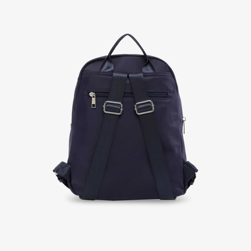 Robuster blaue Rucksack Rückansicht mit verstellbaren Gurten und praktischem Reißverschlussfach