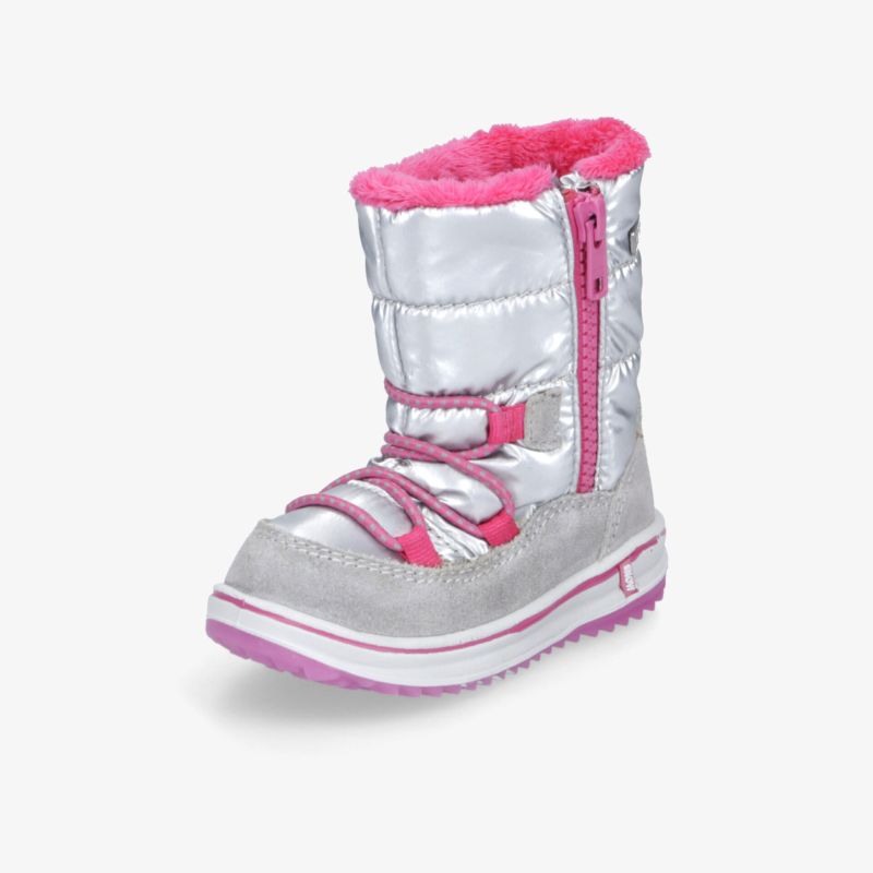 Warm gefütterter Winterstiefel in Silber mit pinkem Innenfutter, Reißverschluss und rutschfester Sohle für kalte Tage