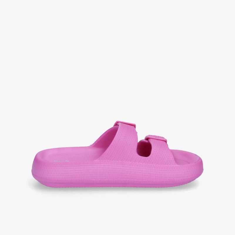 Leichte pinke Sandale mit doppeltem Riemen und ergonomischem Fußbett für optimalen Tragekomfort.