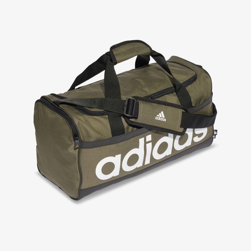 Adidas Sporttasche in Olive mit geräumigem Hauptfach, robusten Trägern und seitlichem Reißverschlussfach.