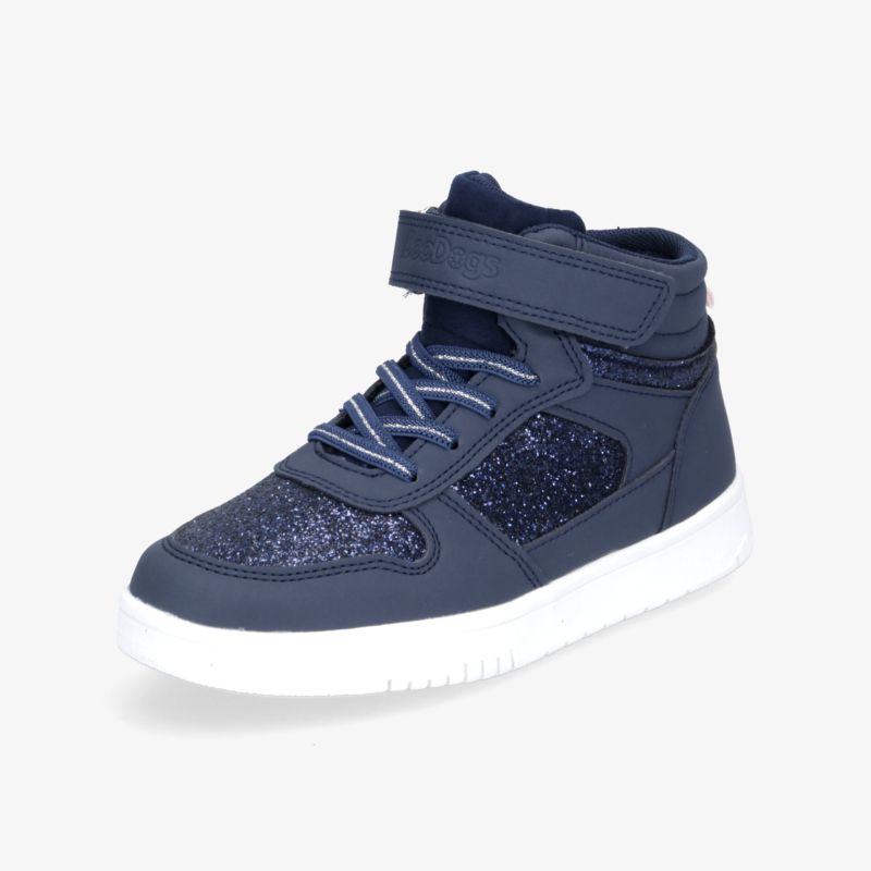 Eleganter dunkelblauer Sneaker mit Glitzerdetails und Klettverschluss für maximalen Komfort und Stil.