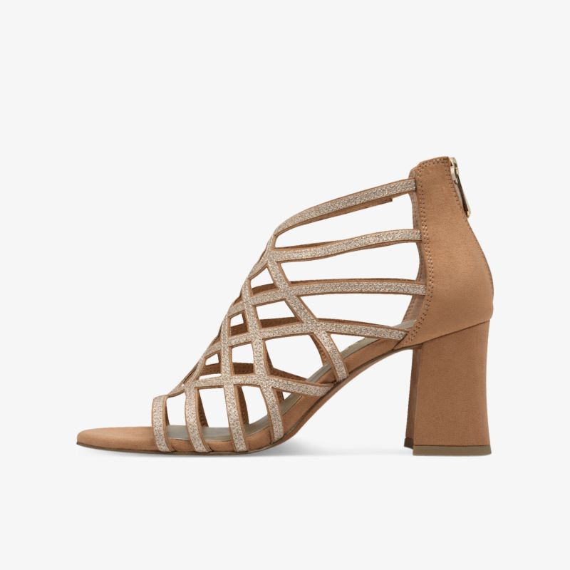 Eleganter beiger Absatzschuh mit mittelhohem Blockabsatz und modernem Riemchendesign, bequem und stylisch