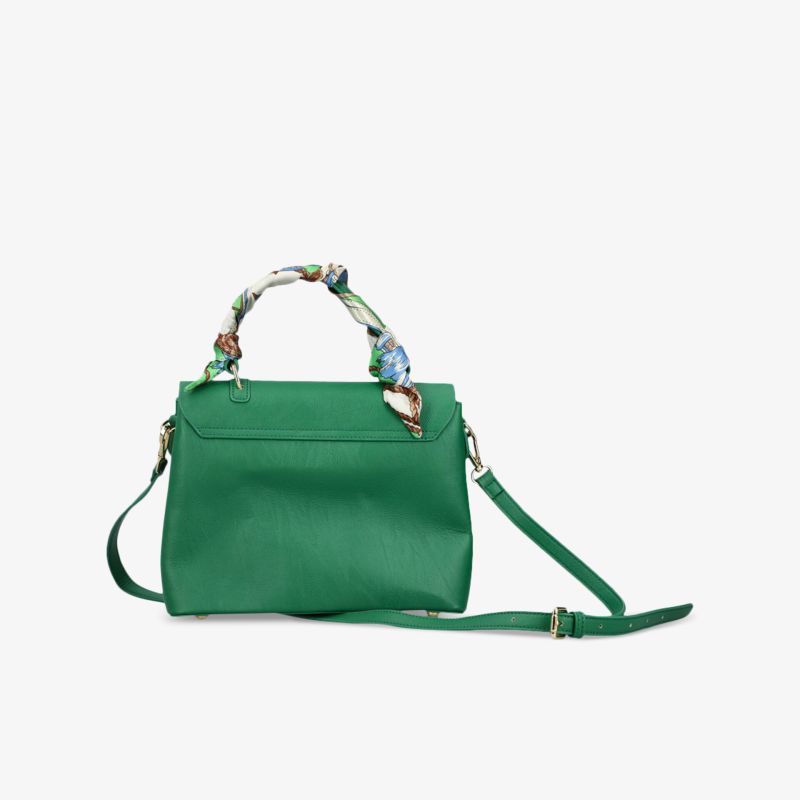 Grüne Handtasche mit langem Schulterriemen und dekorativ gebundenem Griff für eleganten und praktischen Stil
