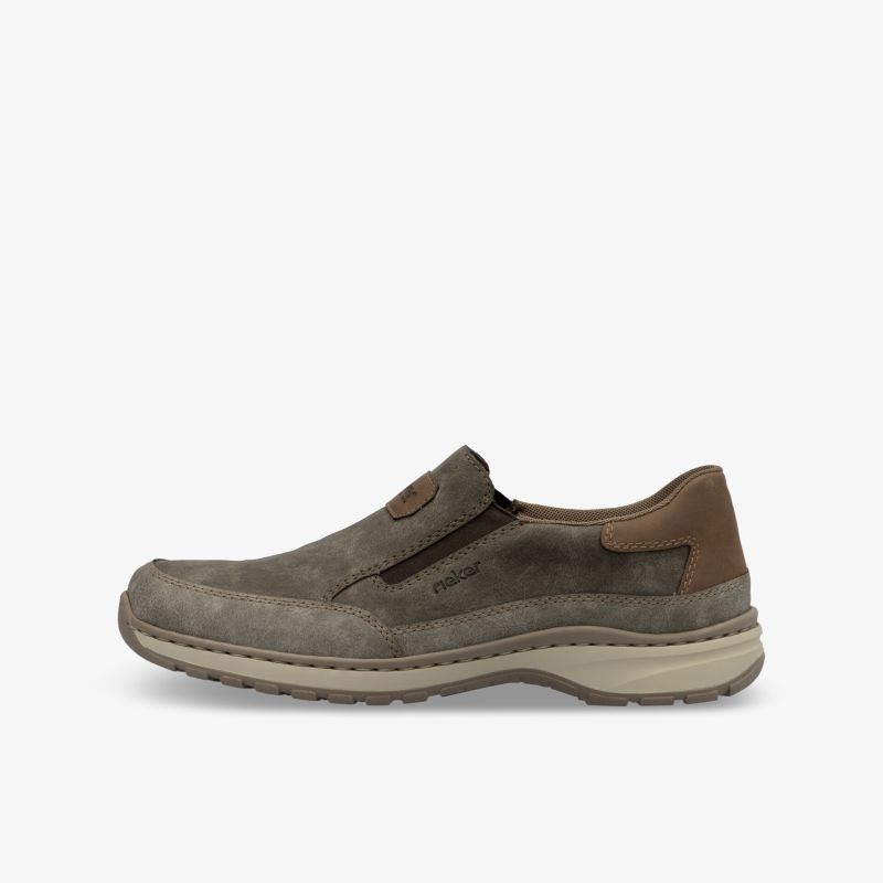Robuster und bequemer Schuh mit flexibler Sohle und modernem Design in grauer Farbe, seitliche Ansicht