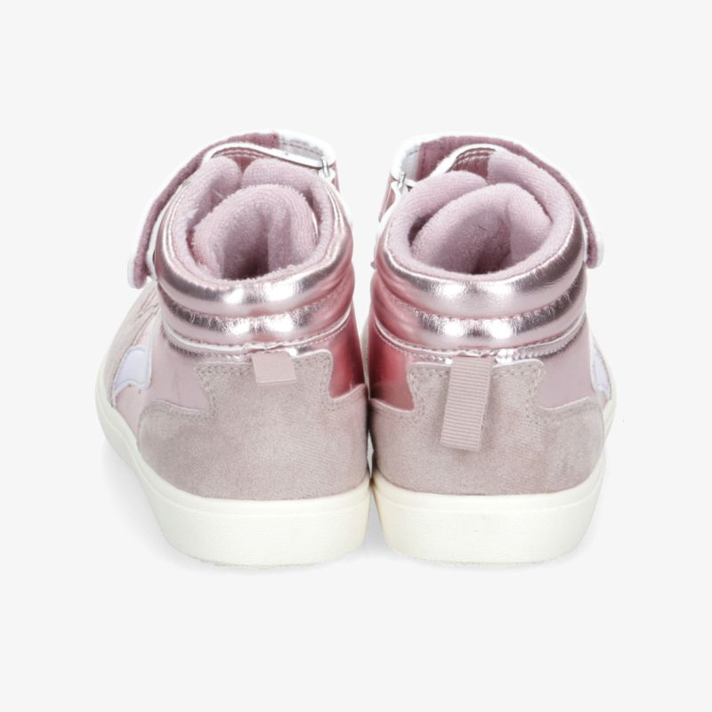 Rosa Schuhe mit hohem Schaft und Klettverschluss, gepolstert und bequem, modernes Design, weiße Sohle