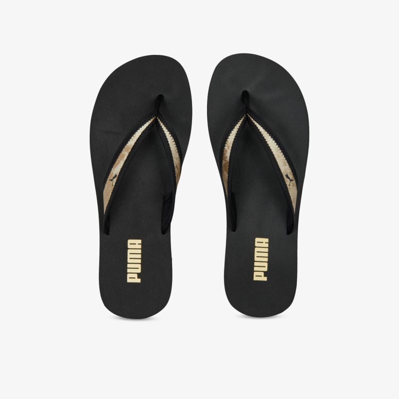 Schwarze Flip-Flops mit goldenen Highlights, ideal für Freizeitaktivitäten und Komfort im Alltag