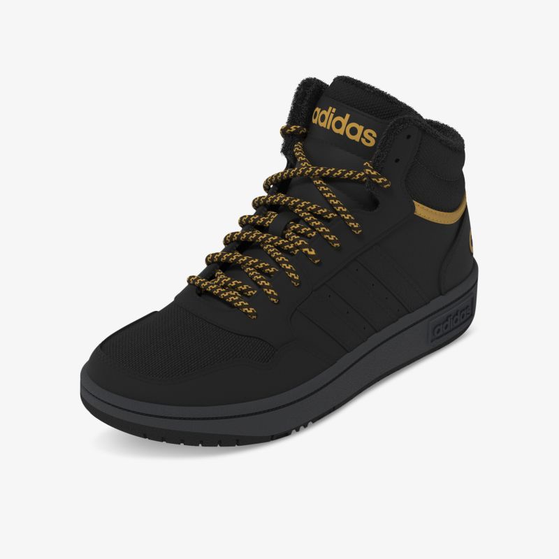 Schwarzer High-Top Sneaker mit goldenen Akzenten und Schnürsenkeln für sportlichen Look und hohen Komfort.